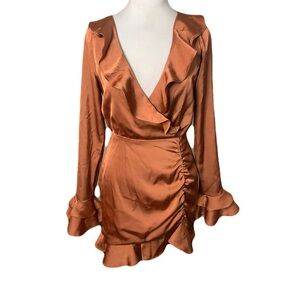 Revolve Majorelle Small Warm Brown Satin Ruffle Long Sleeve Nelly Mini Dress